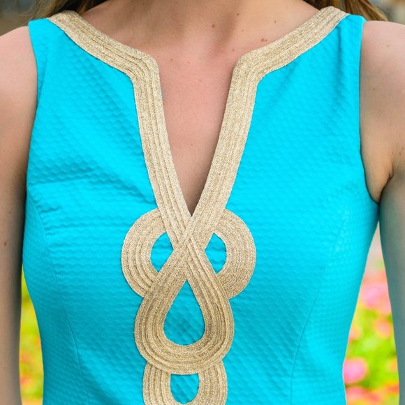 Lilly Pulitzer Janice Shift Dress, Teal and Gold, Size 6 - Picture 2 of 6